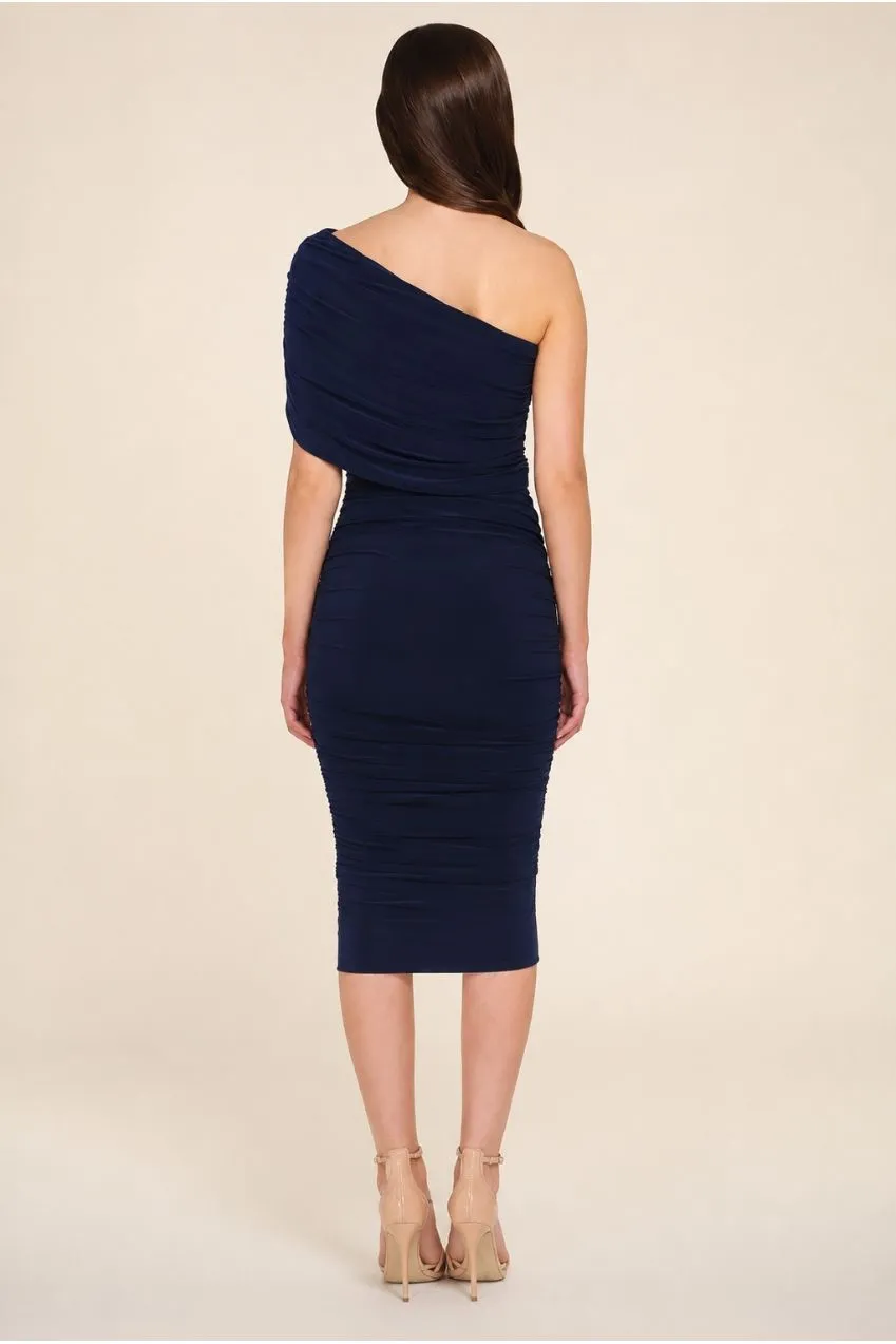 Honor Gold Alice abito midi navy monospalla arricciato