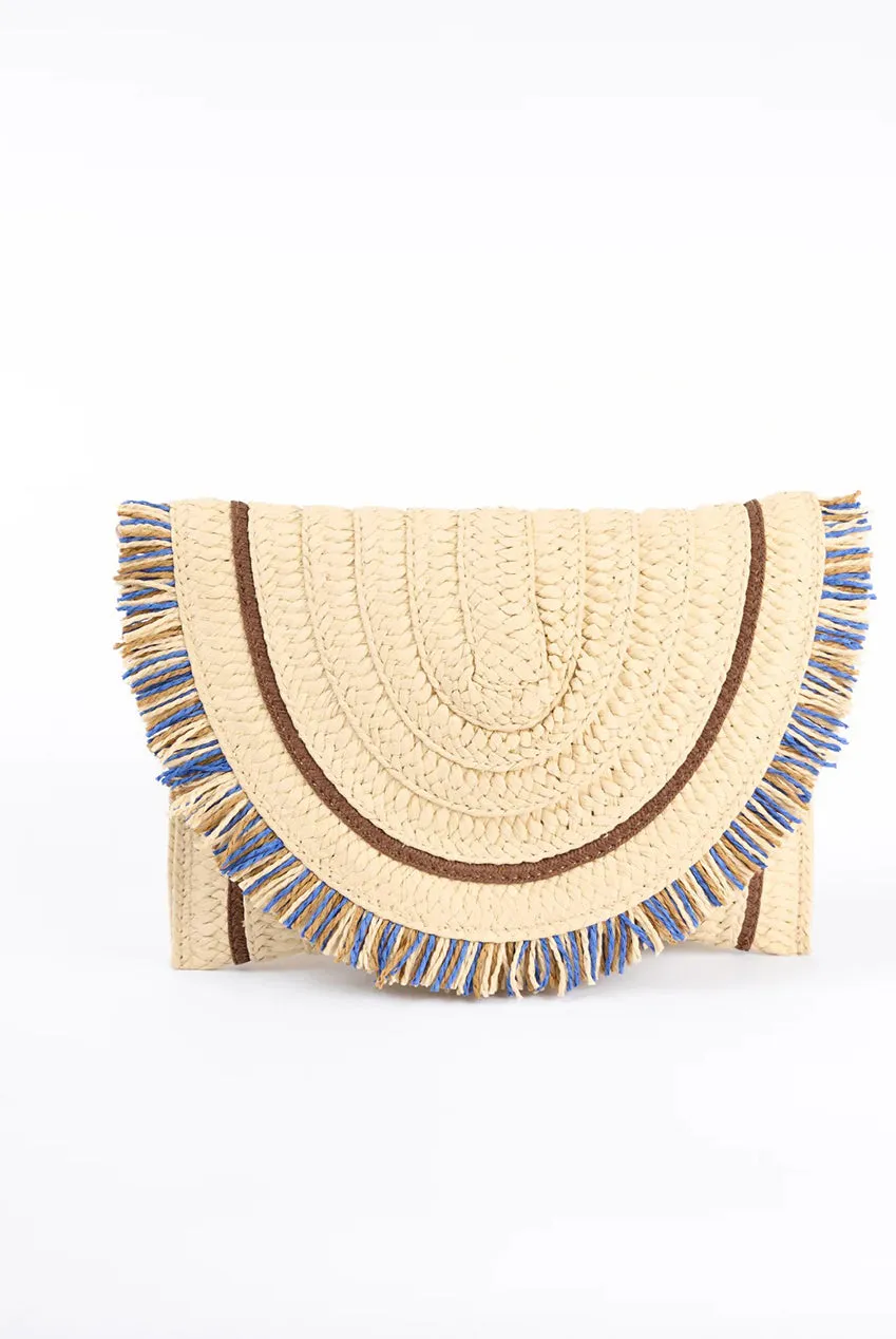 Blue Vanilla clutch paglia stone con frange e tracolla