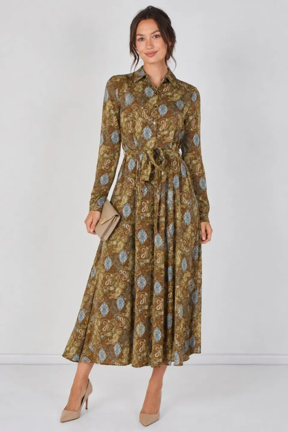Love Sunshine Paisley Meadow camicia maxi kaki cintura fantasia