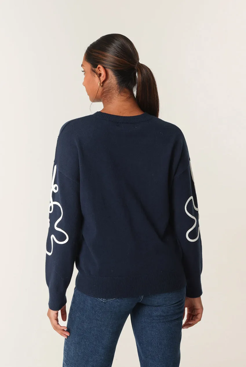Blue Vanilla maglione floreale girocollo blu navy