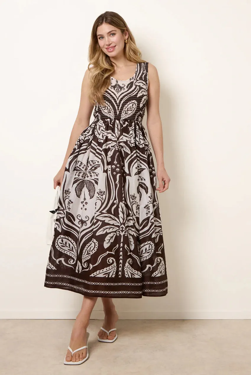 Blue Vanilla Shirred abito midi cioccolato in cotone