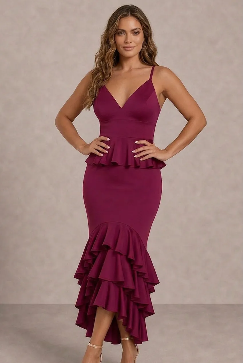 Chi Chi London Cami Strap Ruffle abito midi viola bodycon scuba