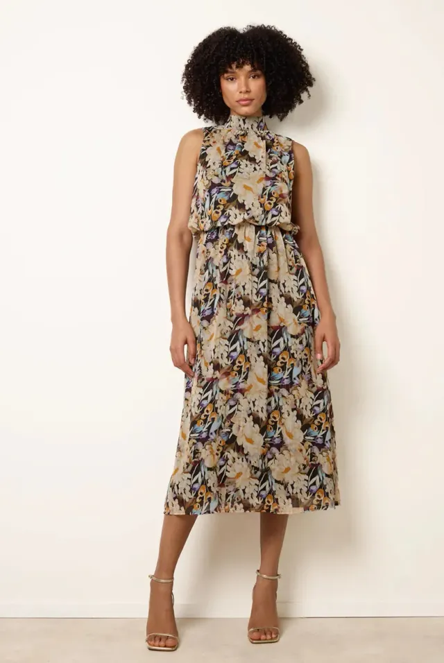 Blue Vanilla Abito Midi Nero Floreale Collo Alto