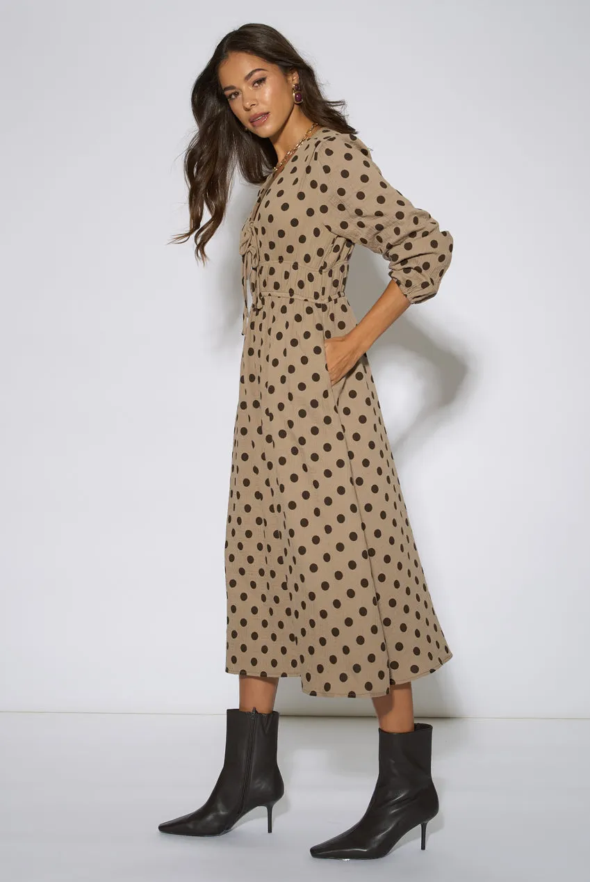 Gini London Abito Midi Skater Beige Pois Cotone