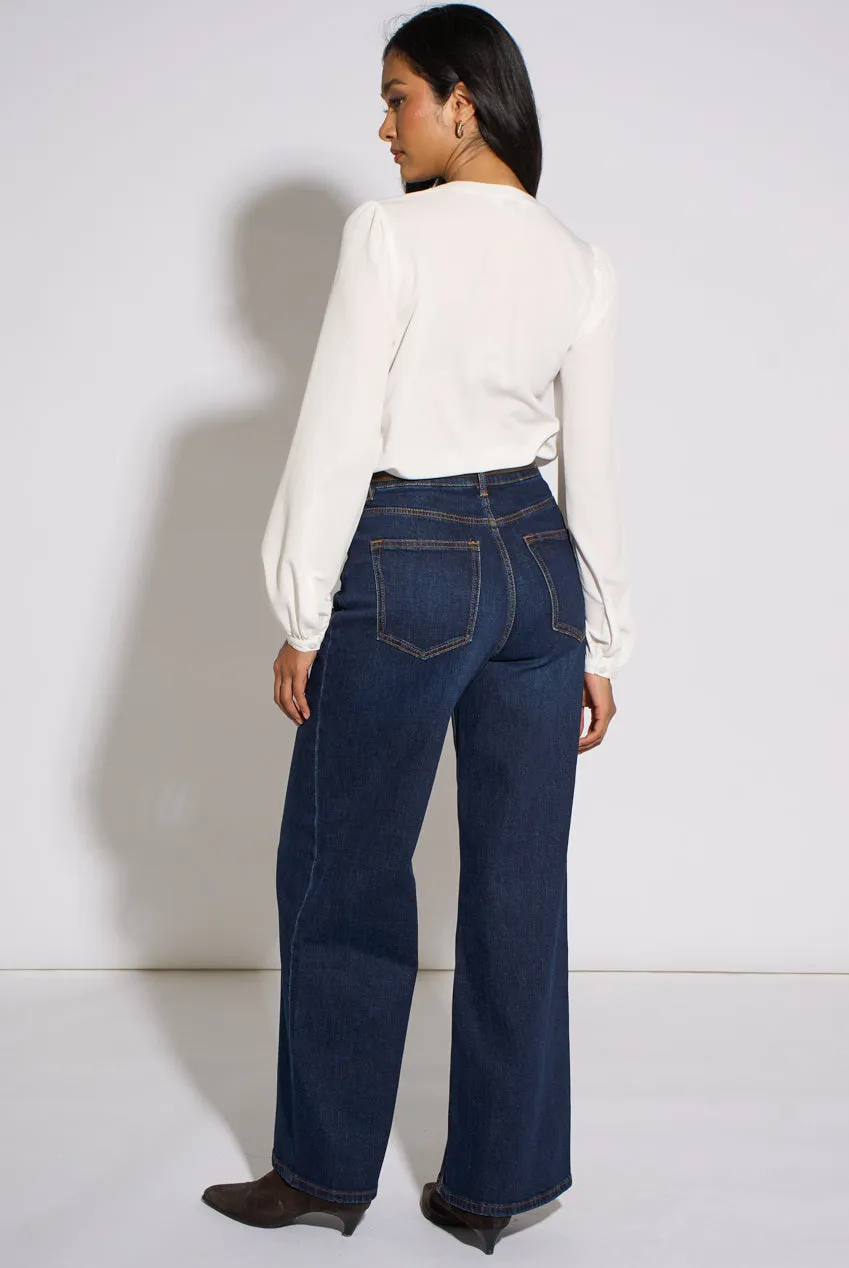 Gini London Jeans Vita Media Blu Gamba Larga in Denim