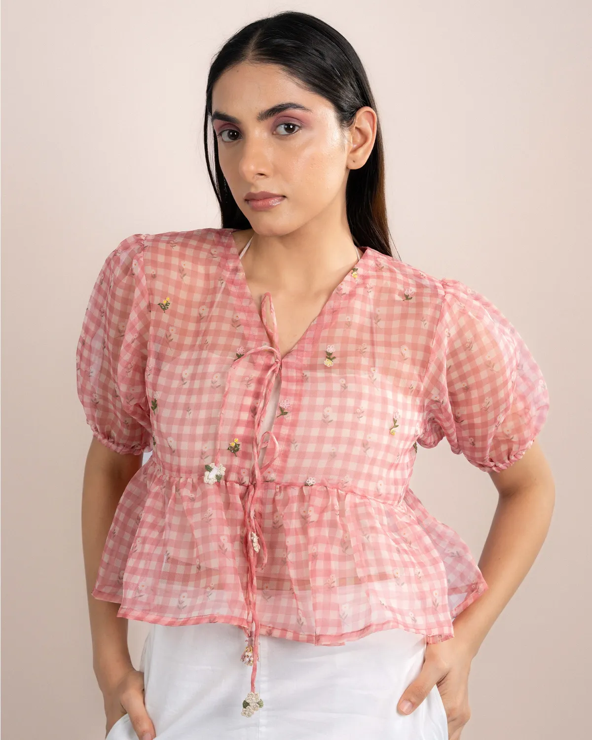 Our Dve Noe top rosa quadretti organza