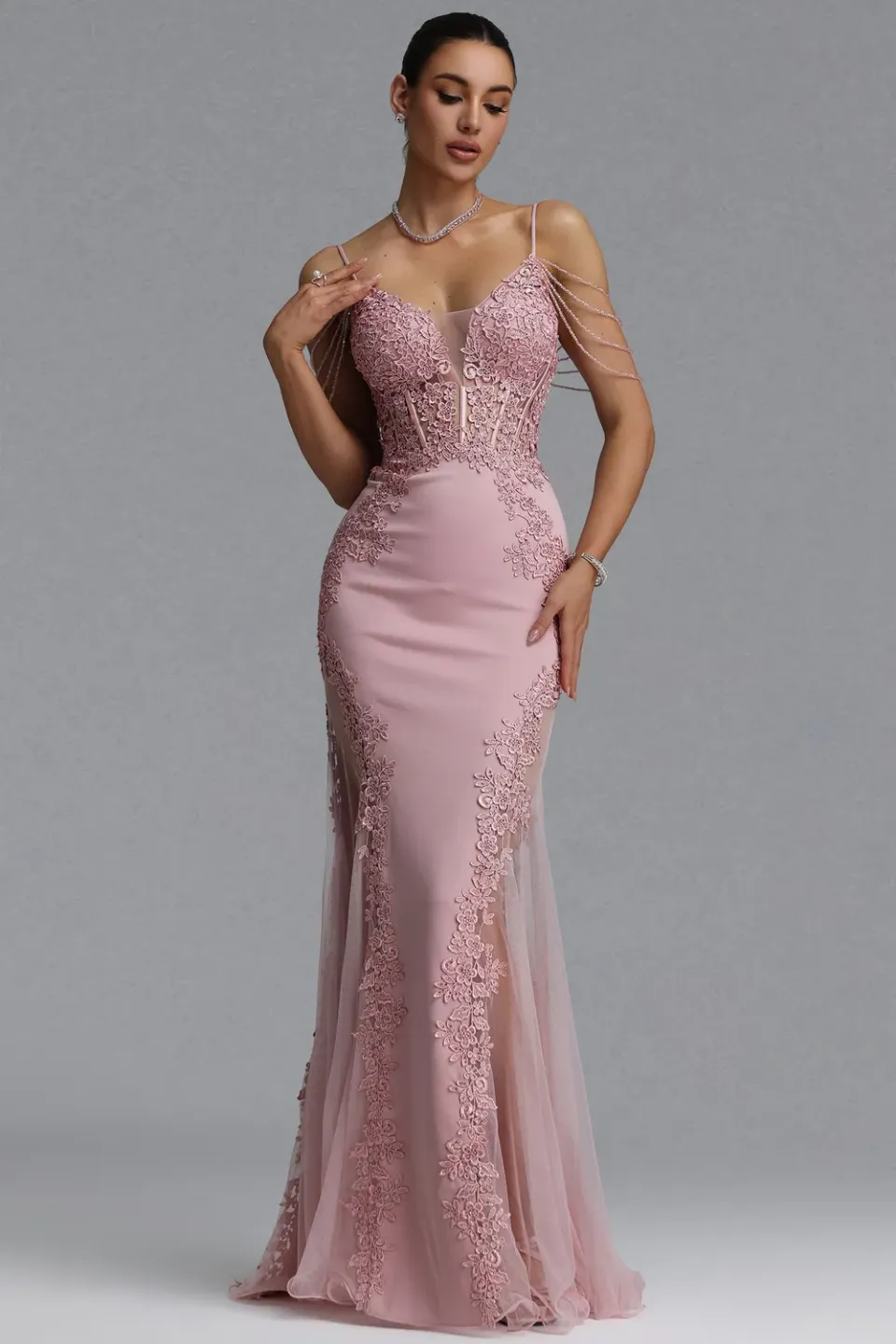 Bella Barnett Encho abito sirena pizzo floreale rosa