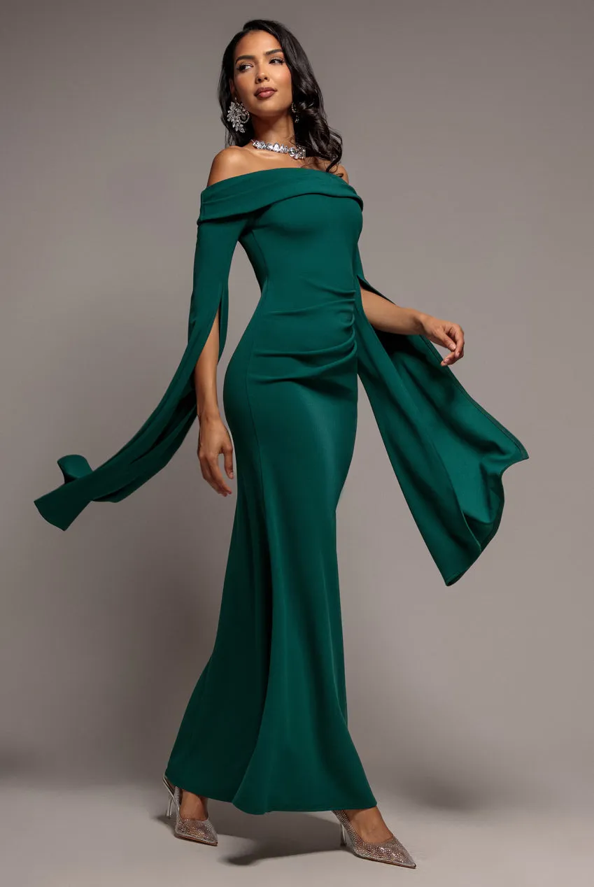 Goddiva Bardot abito maxi smeraldo scuba sirena