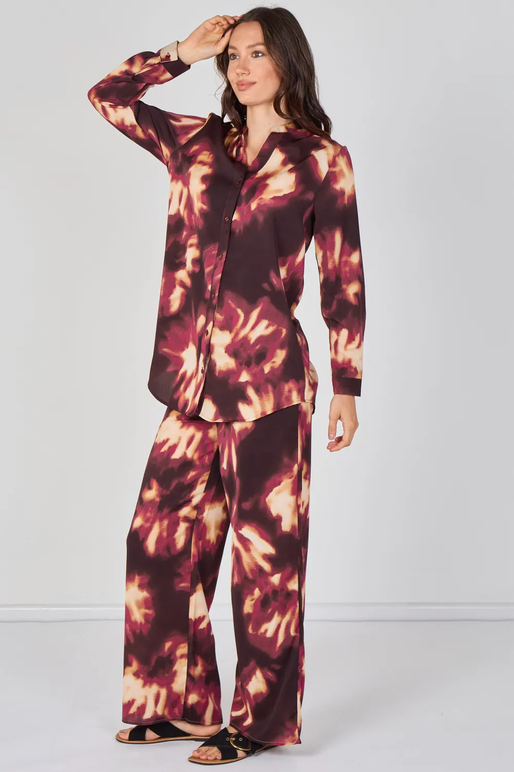 Love Sunshine coordinato camicia pantalone bordeaux fantasia