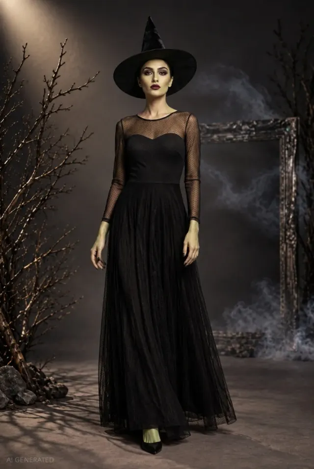 Goddiva Elphaba abito lungo nero maniche lunghe scollo cuore