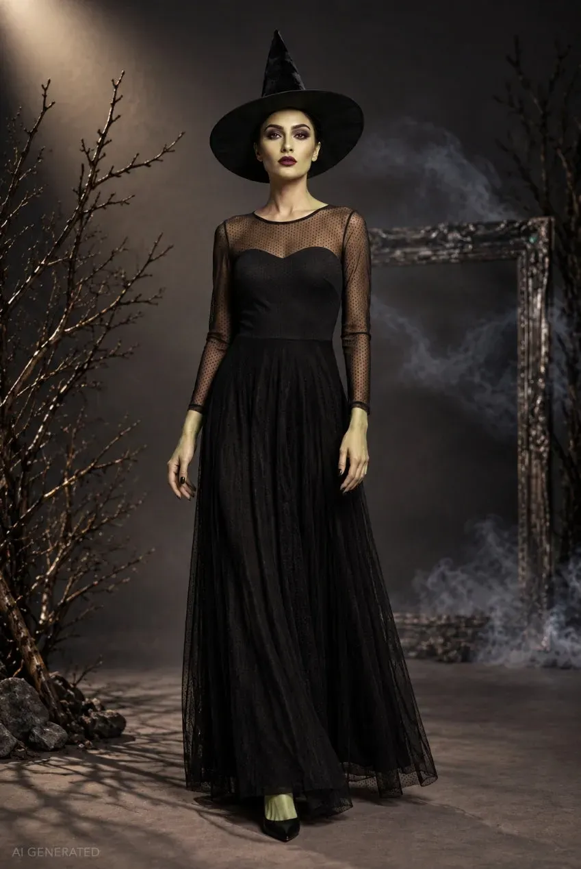 Goddiva Elphaba abito lungo nero maniche lunghe scollo cuore