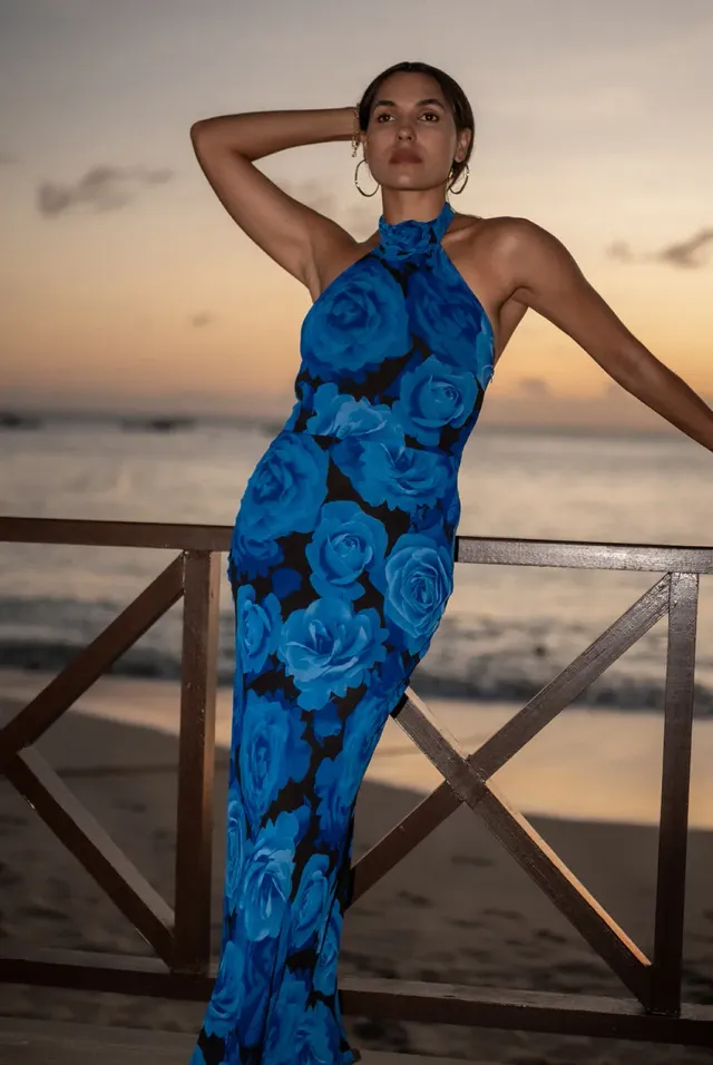 Gini London Abito Maxi Halter Floreale Blu