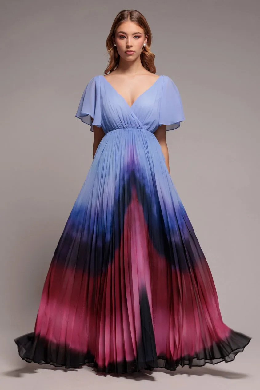 Goddiva Wavy Ombre Abito Lungo Chiffon Blu