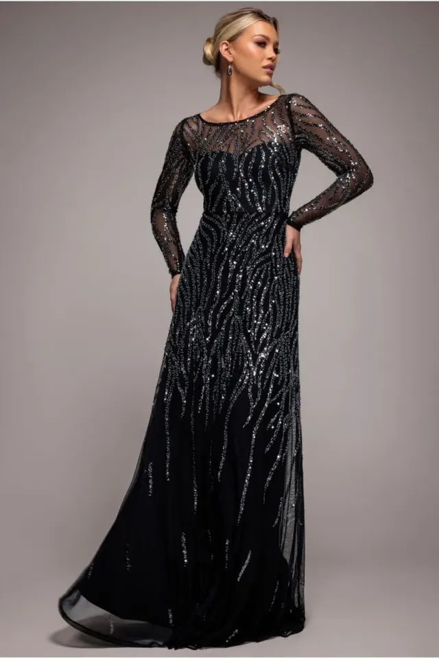 Goddiva Ombre Sequin Beaded Abito Lungo Nero Paillettes
