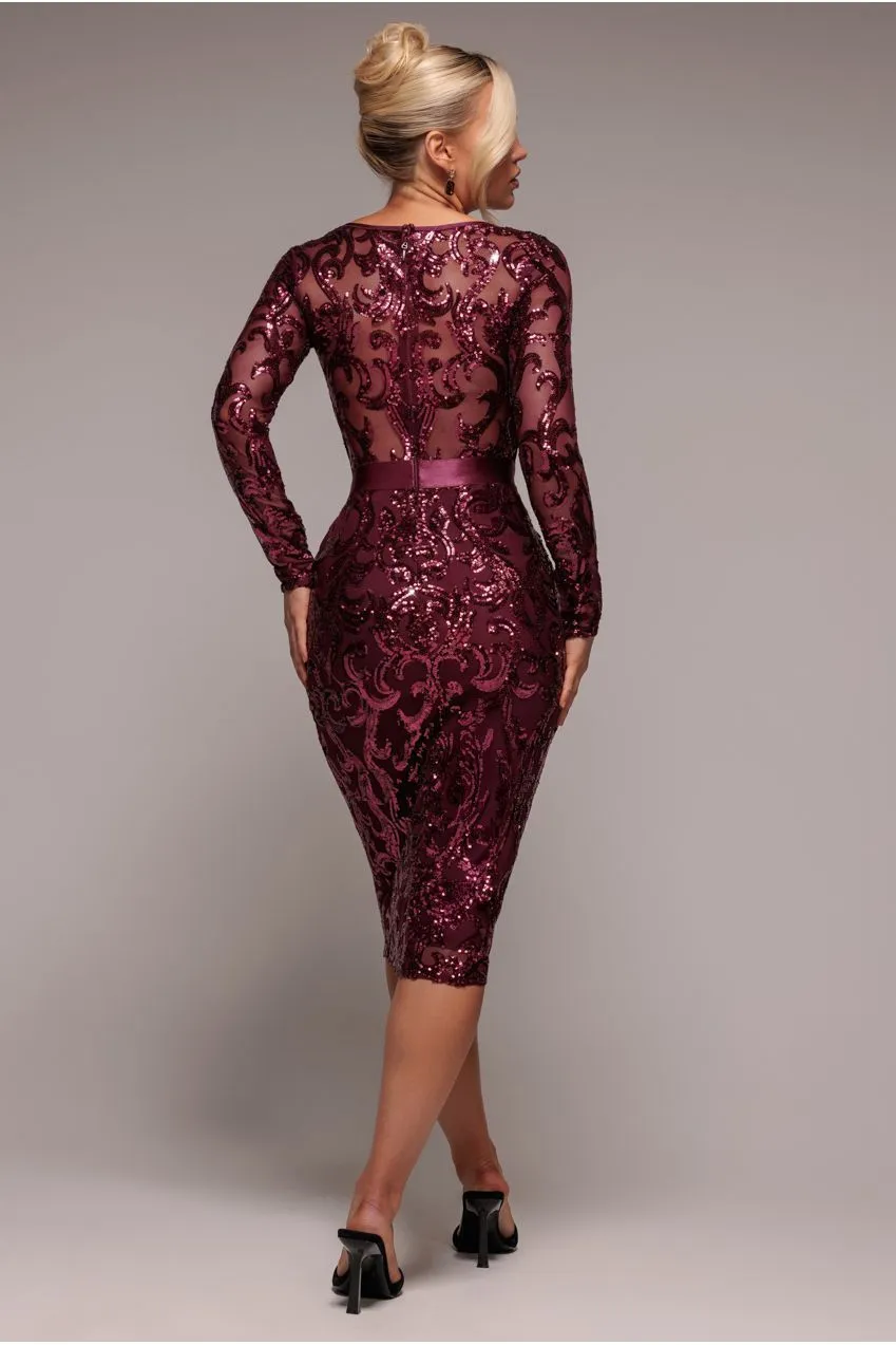 Goddiva Sequin Mesh Abito Midi Bordeaux