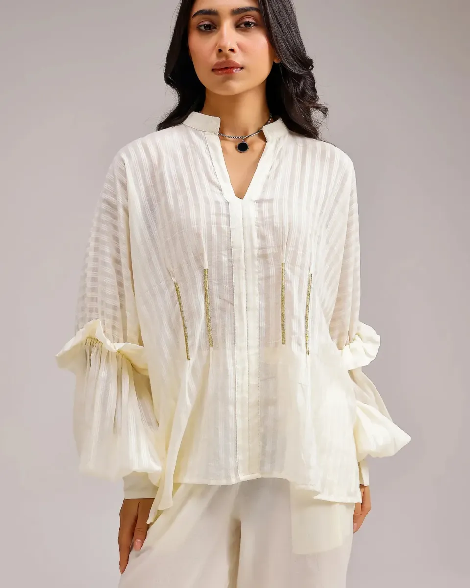 Our Dve Saanjh Silent Stripe top beige cotone
