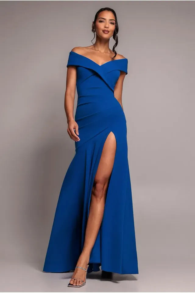 Goddiva Scuba Crepe abito maxi spalle scoperte blu royal