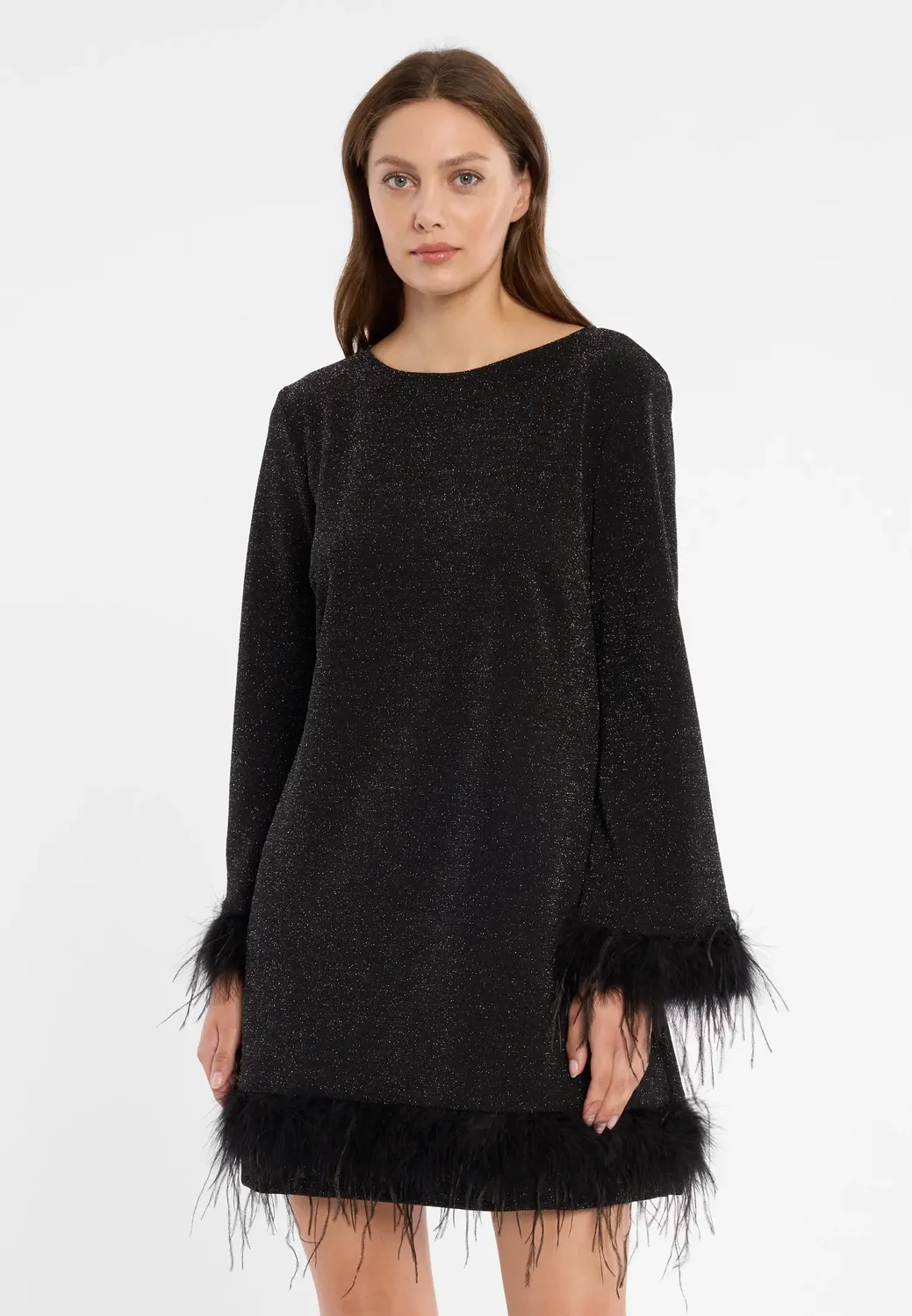 Ana Alcazar Cila abito cocktail nero lurex con piume