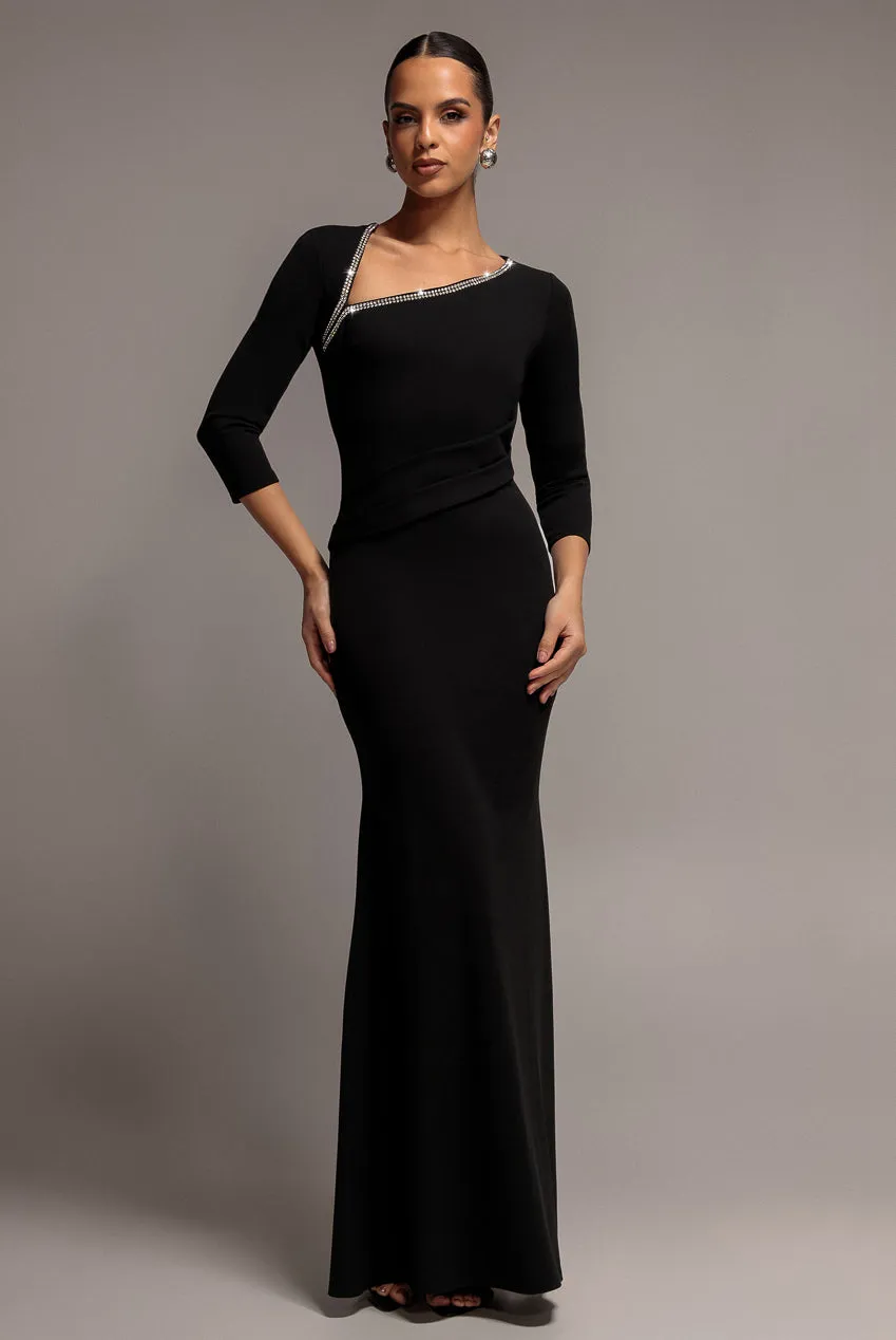 Goddiva Asymmetric Neck Diamante abito maxi nero bodycon