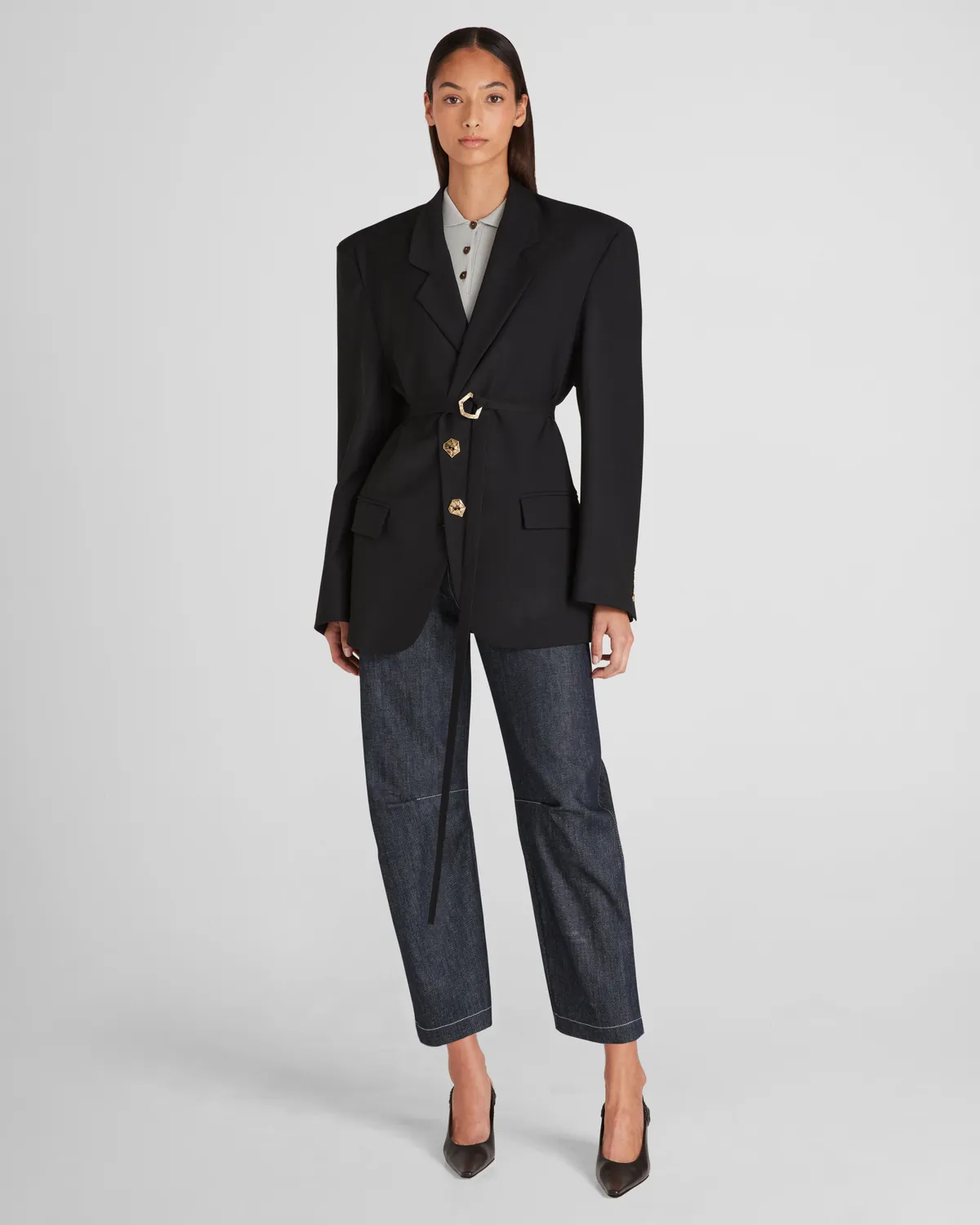 Violante Nessi George blazer nero crepe lana cintura oro