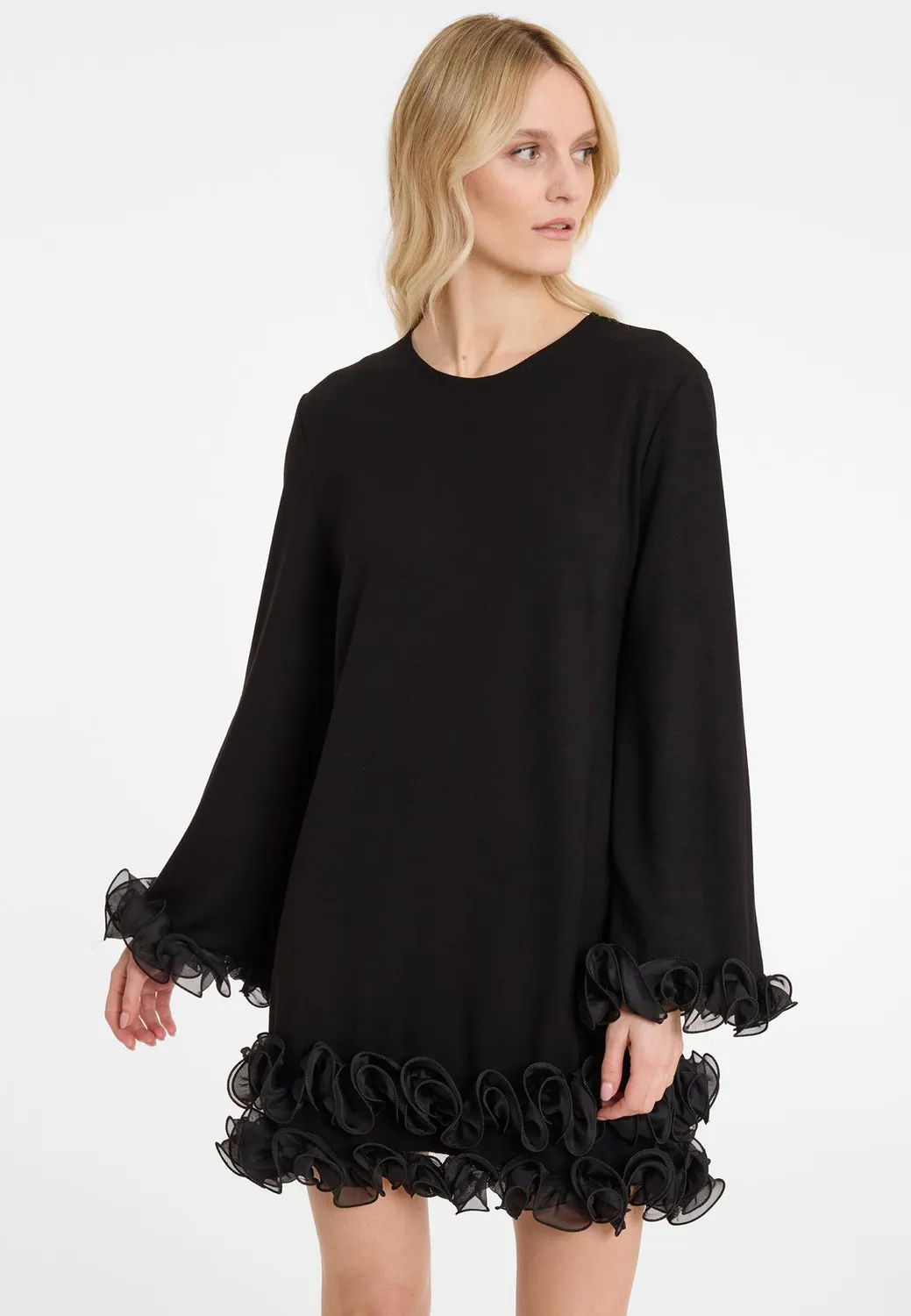 Ana Alcazar Aglia abito cocktail nero volant chiffon