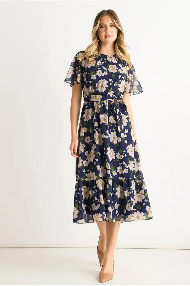 Gini London abito midi floreale navy svasato