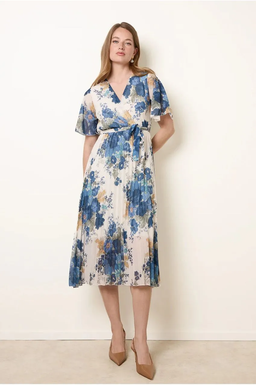 Blue Vanilla Crossover Print vestito plisse navy midi chiffon