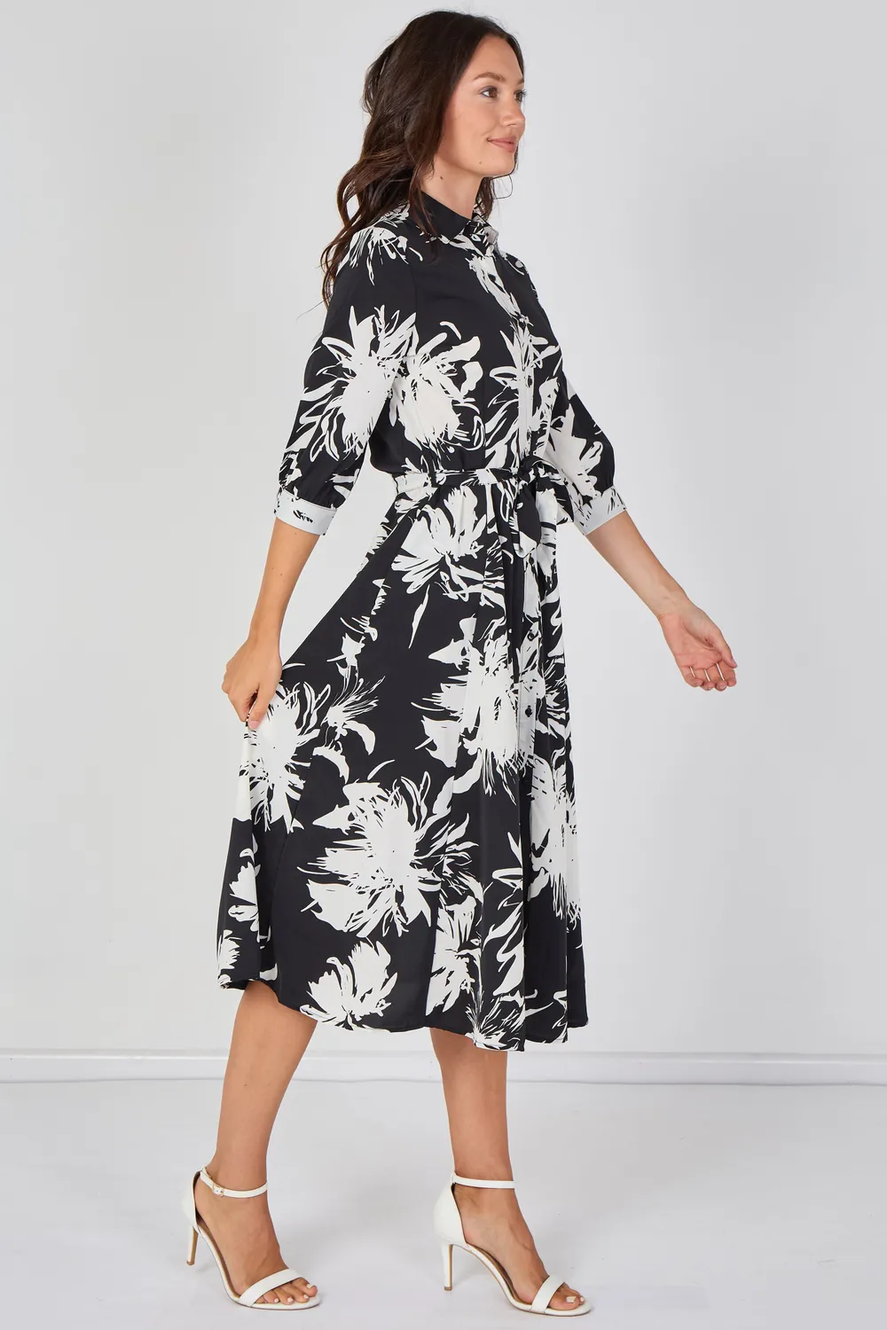 Love Sunshine Floral Midi abito camicia nero fantasia cintura