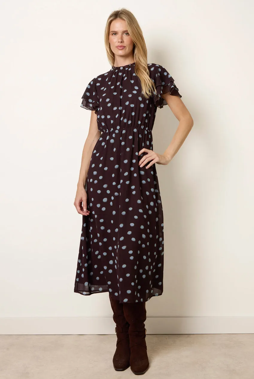 Blue Vanilla Polka Dot Frill Neck abito midi cioccolato pois