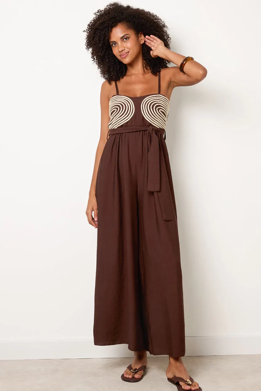 Goddiva Blue Vanilla tuta jumpsuit cioccolato ricamo oro S/M