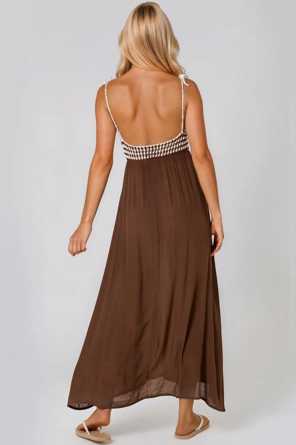 Aftershock London abito maxi marrone crochet scollo V