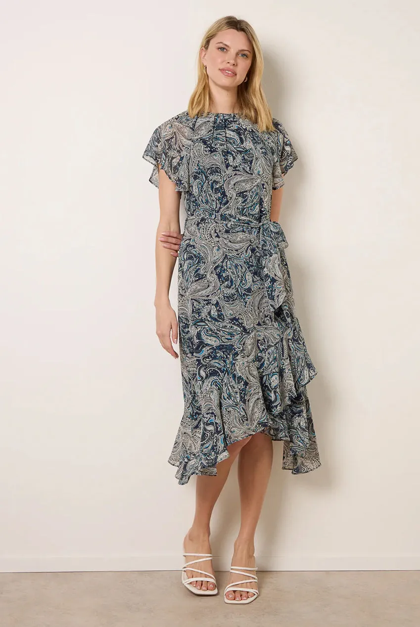 Blue Vanilla Paisley Angel Sleeve abito midi blu navy