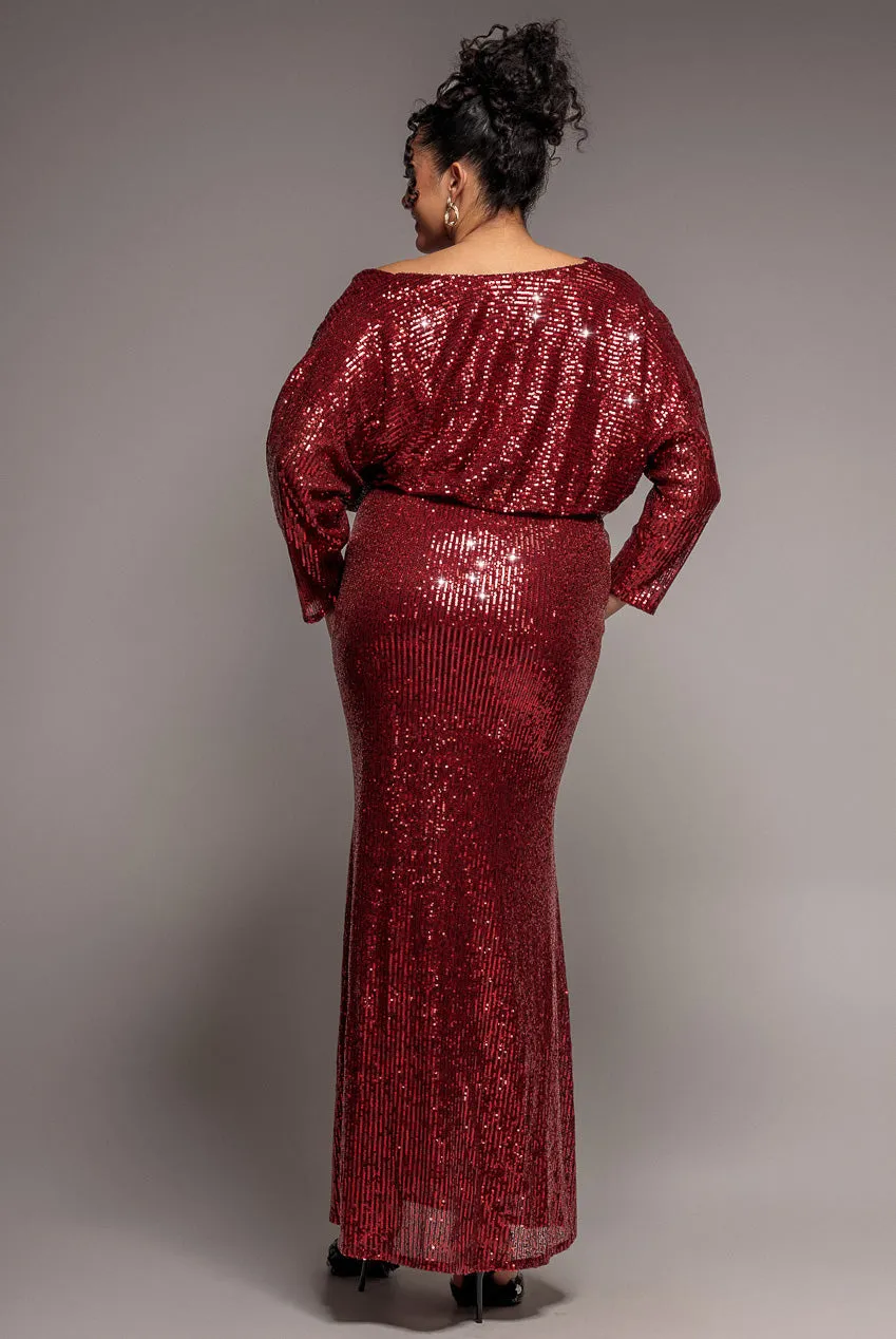 Goddiva Plus DR4051 abito lungo vino paillettes scollo barca