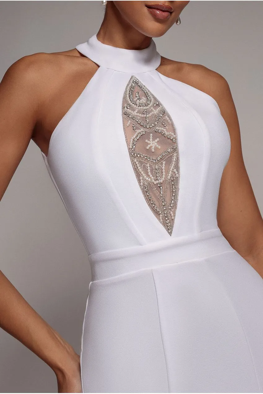 Goddiva abito maxi bianco collo alto schiena aperta
