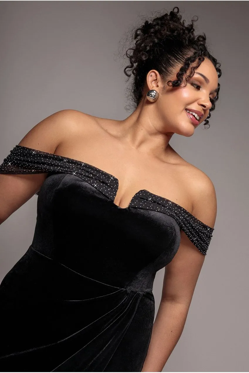 Goddiva Plus DR4484 abito maxi velluto nero diamante