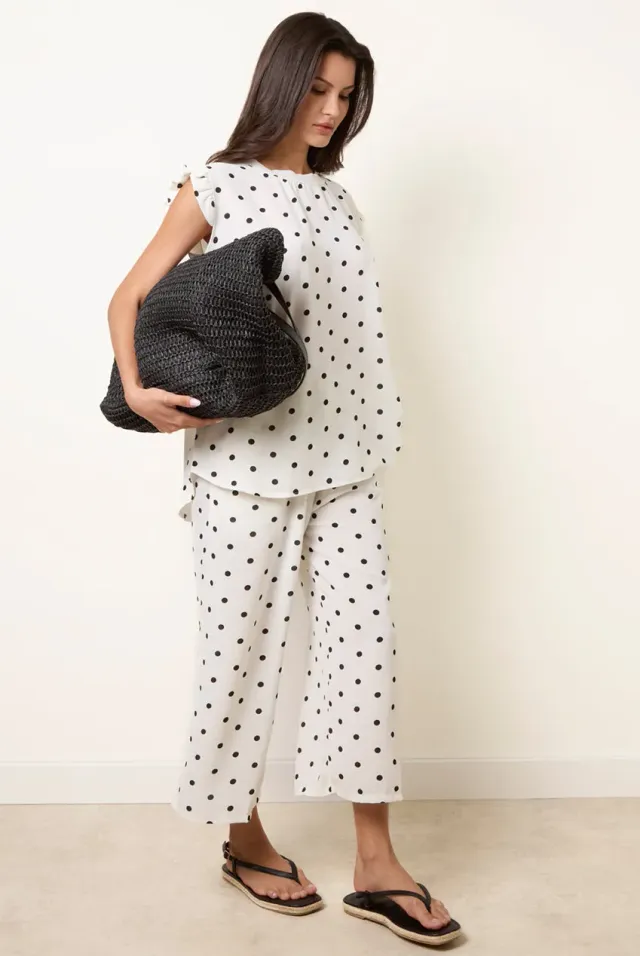 Blue Vanilla coordinato pois bianco top e pantaloni flare
