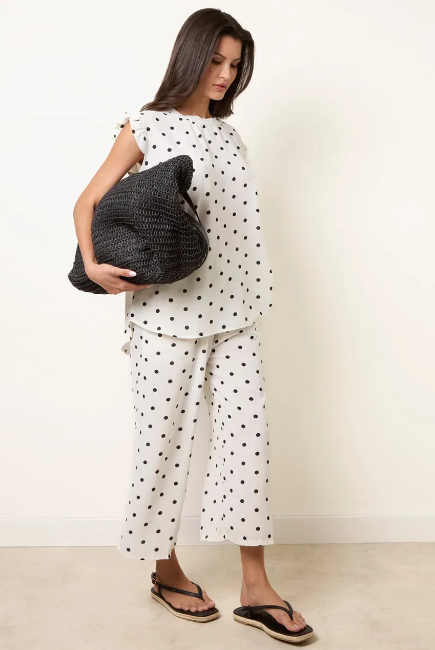 Blue Vanilla coordinato pois bianco top e pantaloni flare
