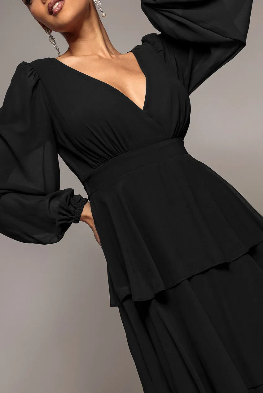Goddiva Chiffon Wrap Maxi abito nero scollo V maniche lunghe