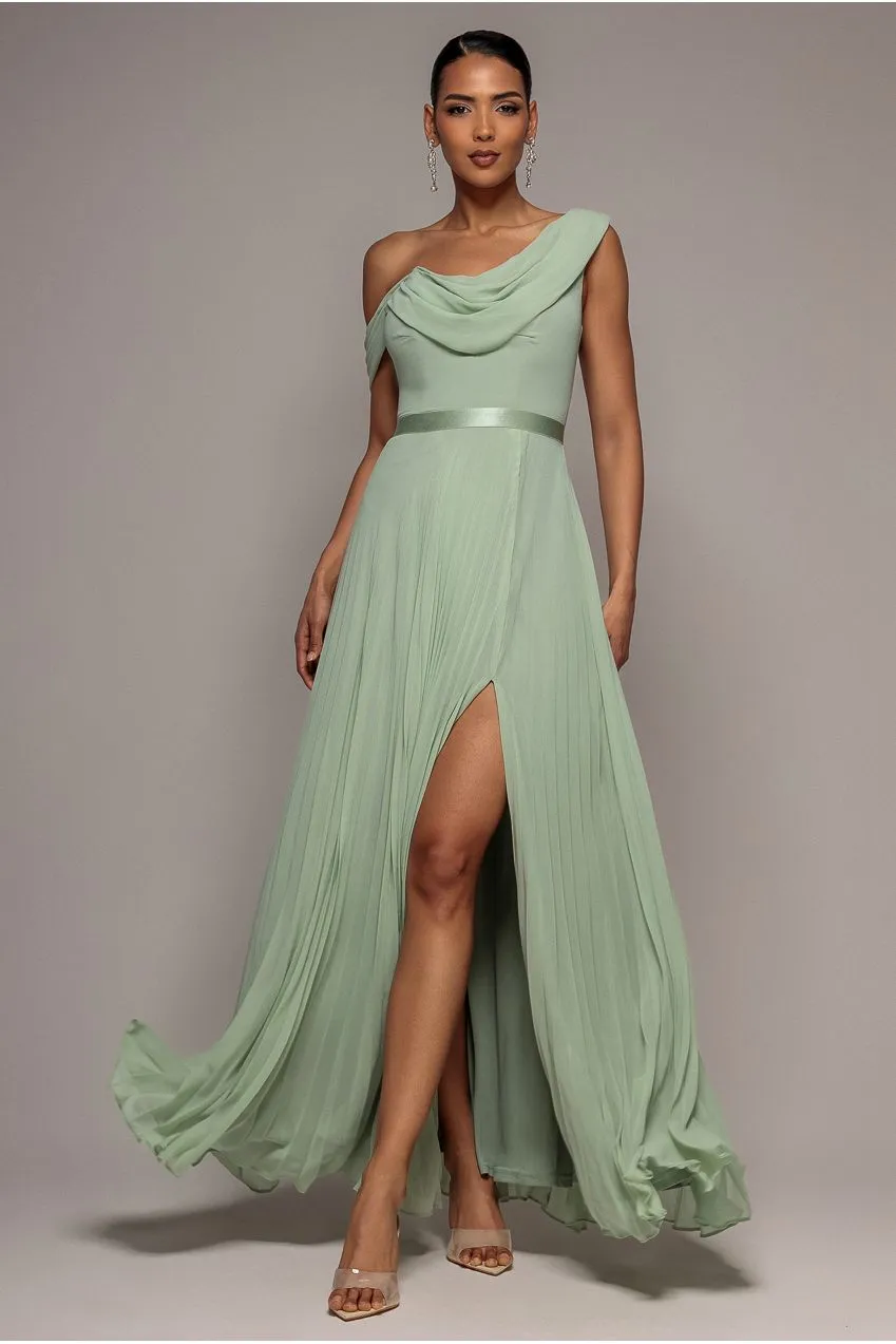 Goddiva One Shoulder A Line abito maxi verde salvia chiffon