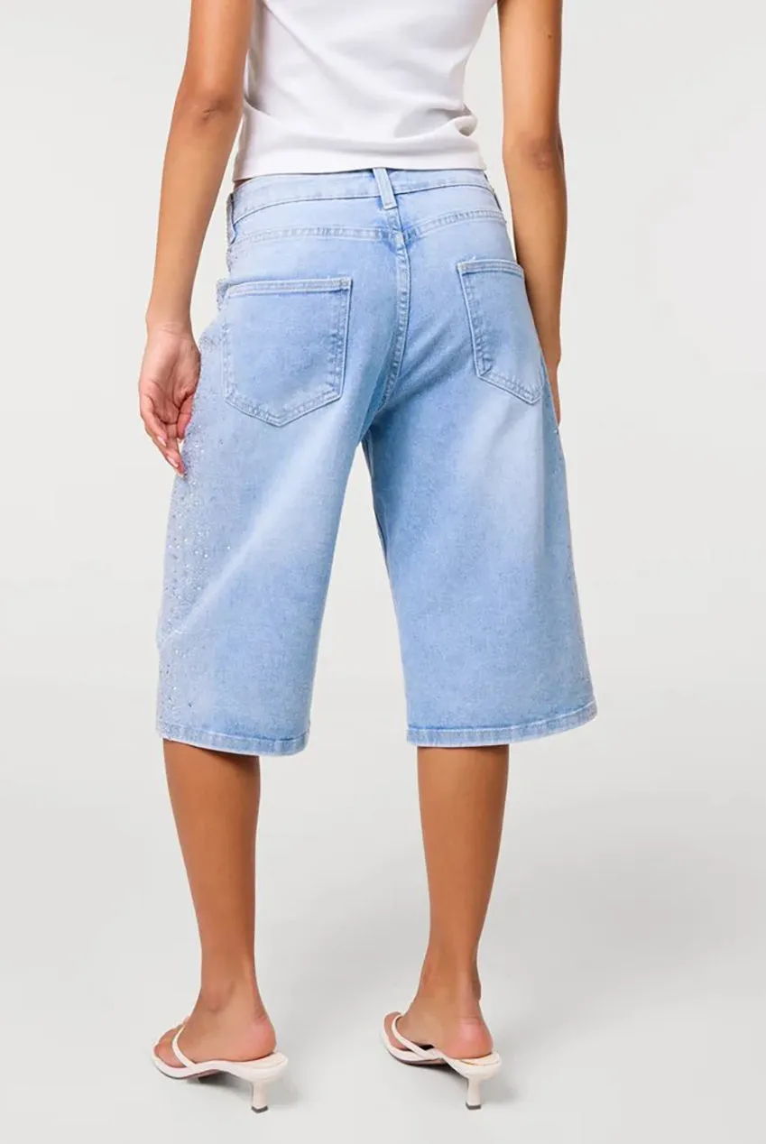 Pink Vanilla Diamante Side bermuda denim chiaro strass