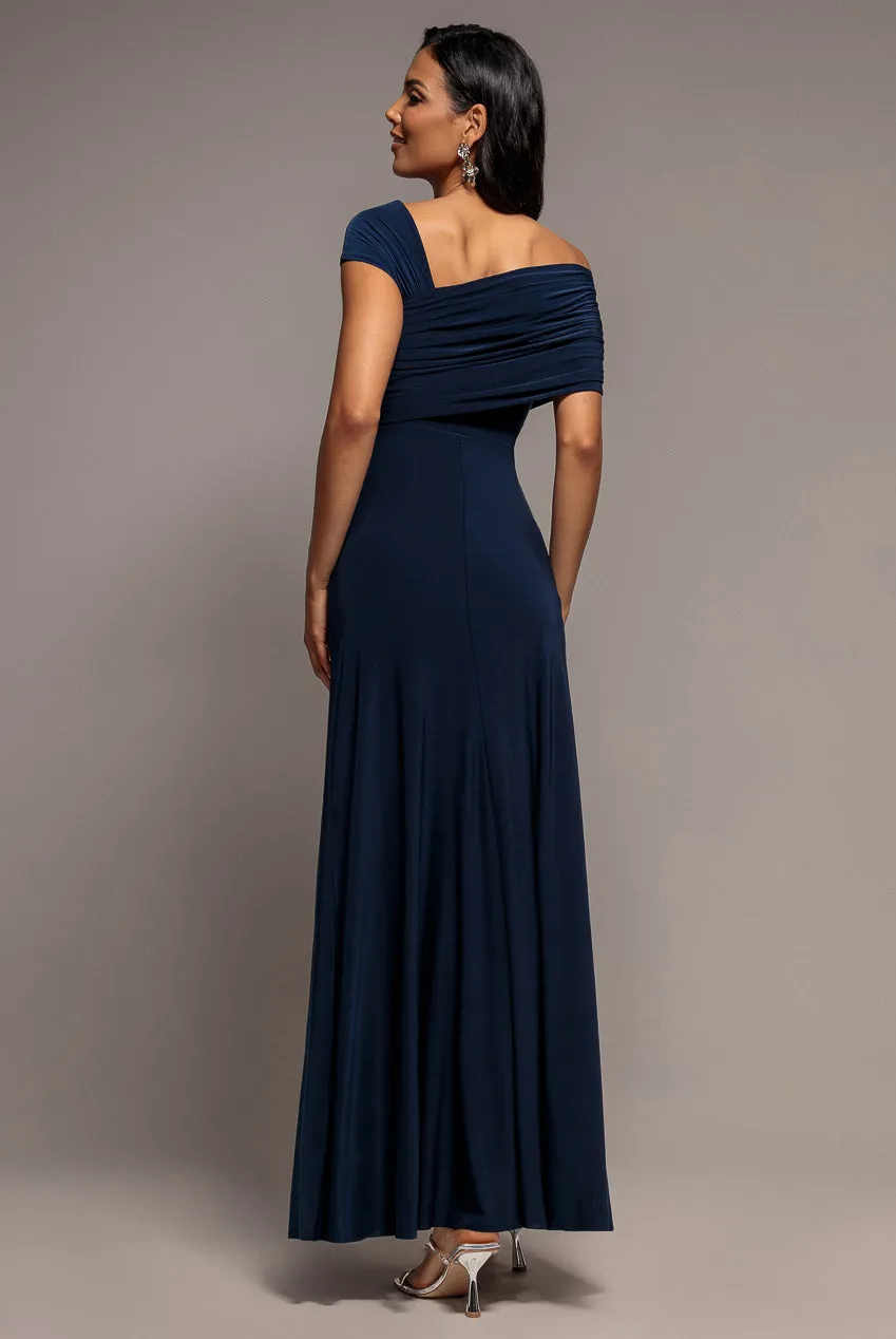 Goddiva Asymmetric Neck Gathered Waist abito lungo blu navy
