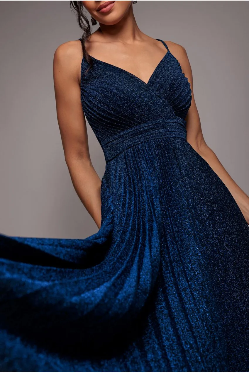 Goddiva Pleated A Line Lurex abito maxi scollo V navy