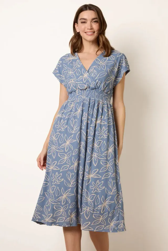 Blue Vanilla Wrap Abito Midi Blu a Fiori Scollo V