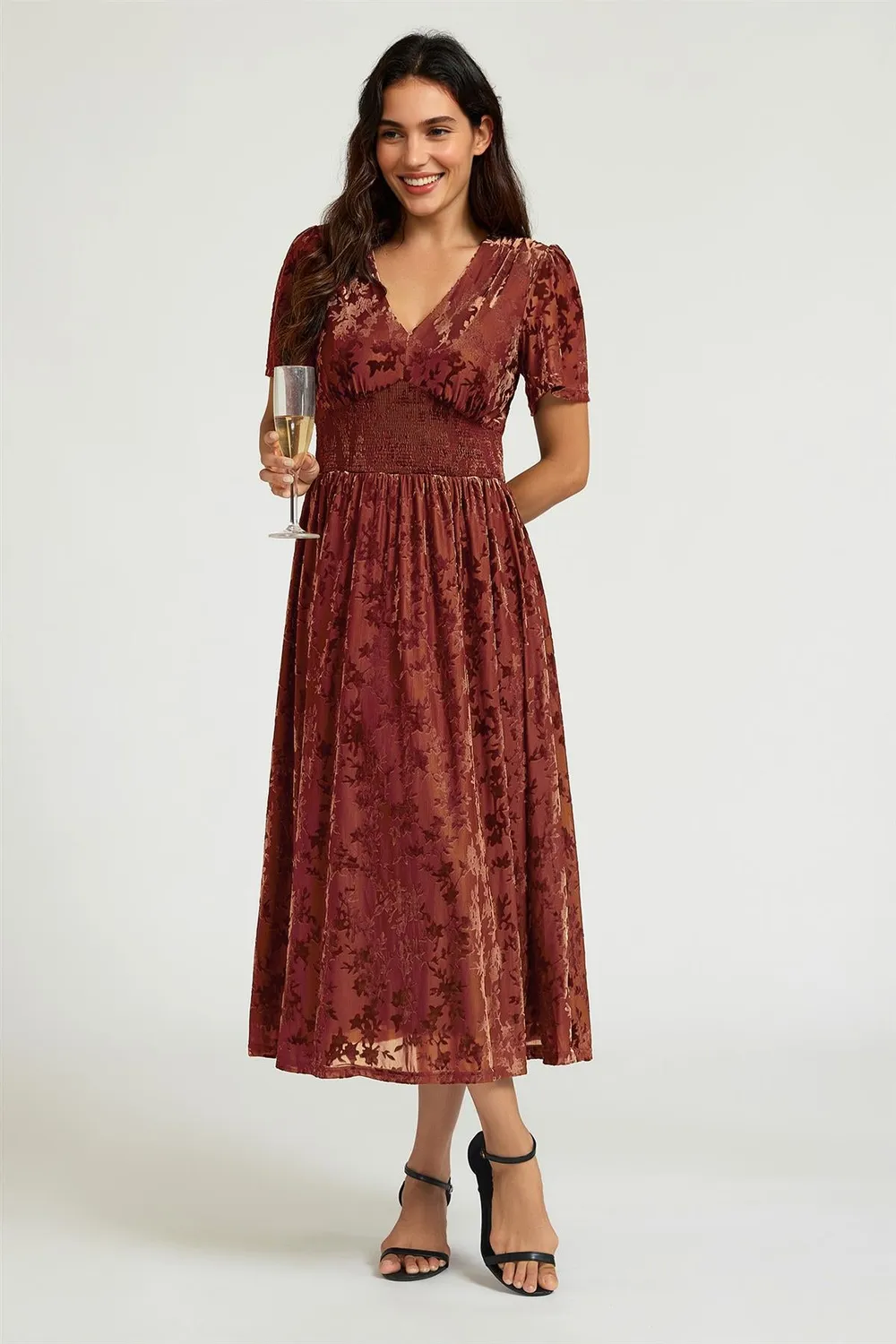FS Collection Rust Velvet Burnout V-Neck Angel Sleeve Abito Midi Ruggine