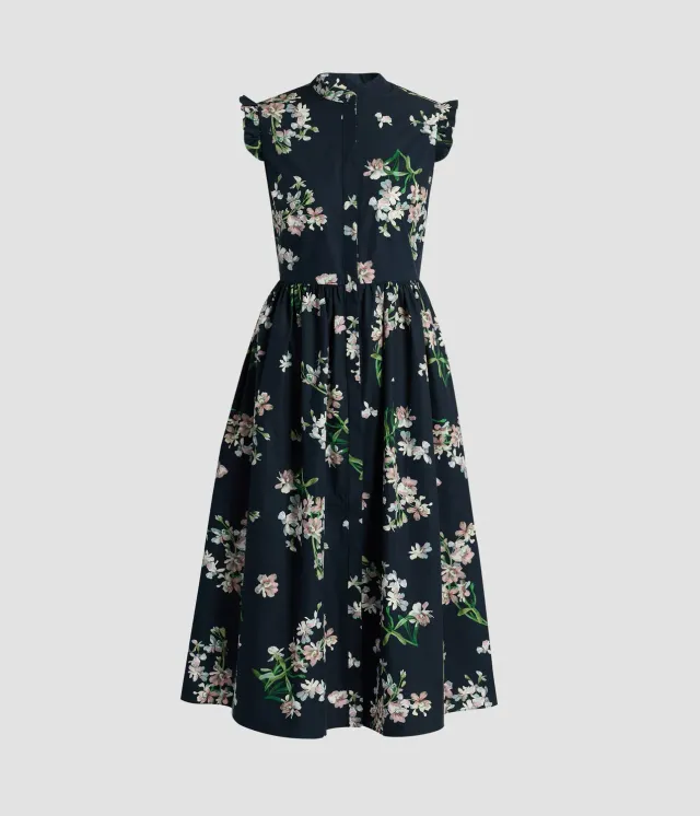 Erdem Floral Cotton Midi Dress abito blu stampa orchidea