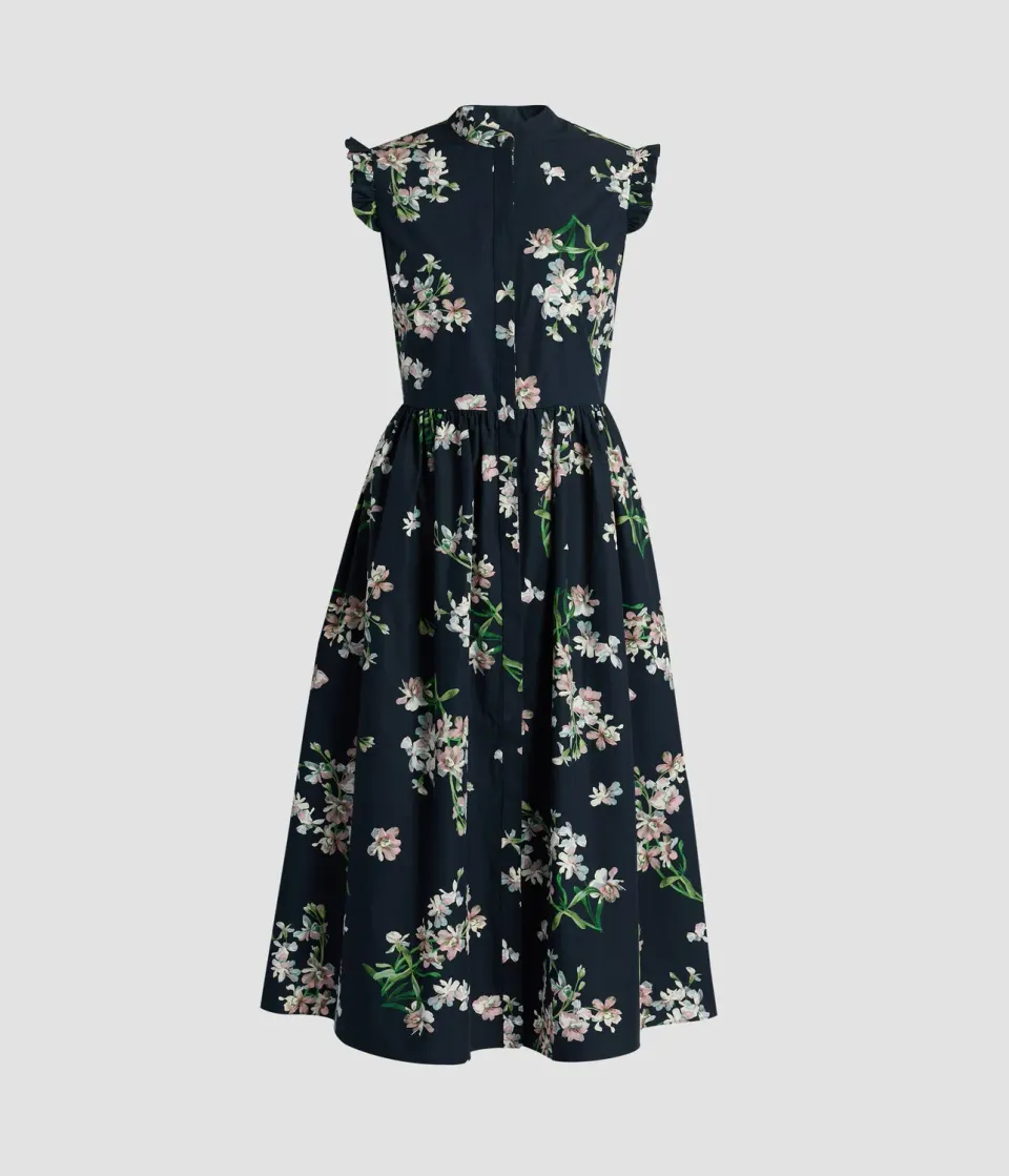 Erdem Floral Cotton Midi Dress abito blu stampa orchidea