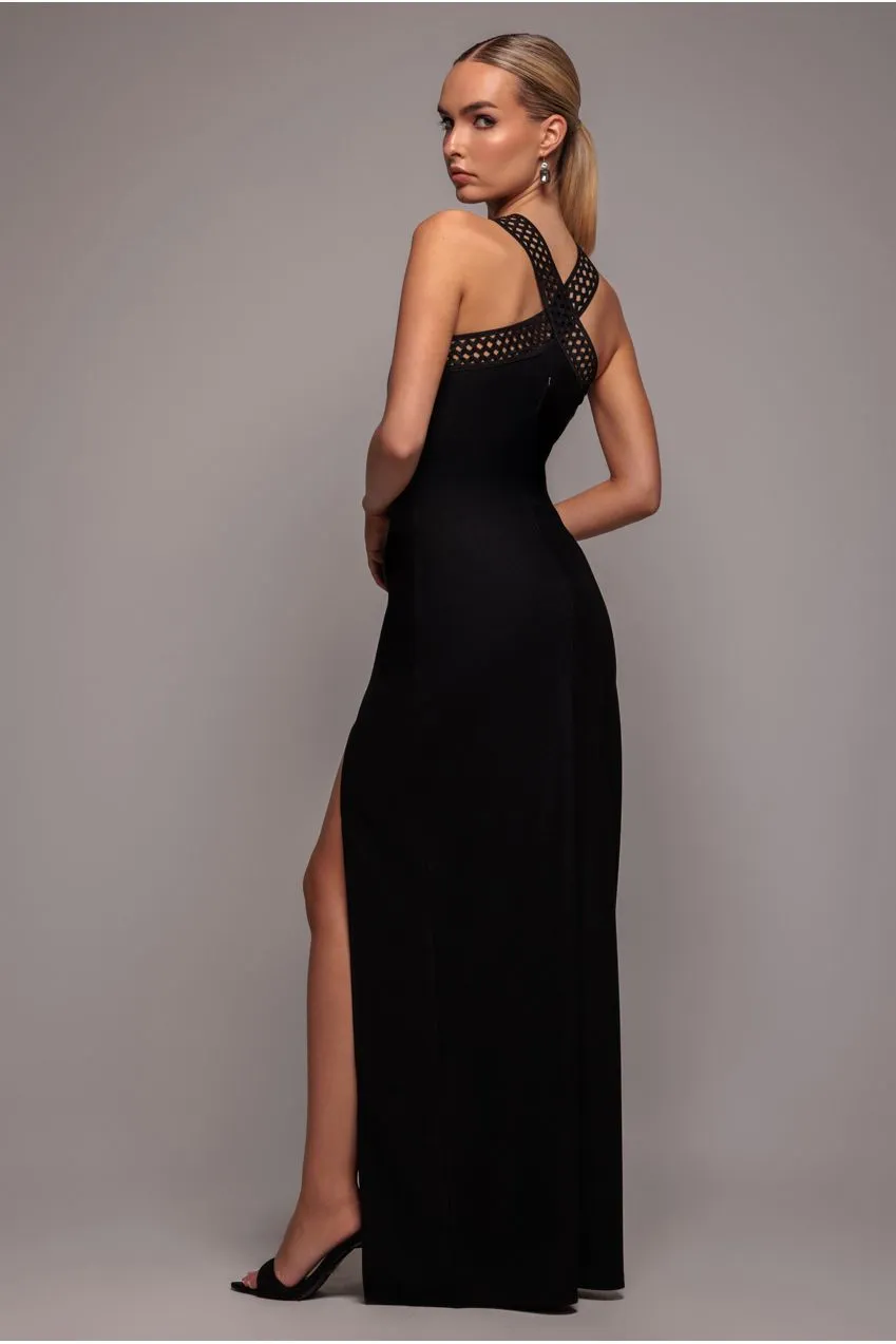 Goddiva Ribbed Criss Cross Halter Neck abito maxi nero spacco bodycon