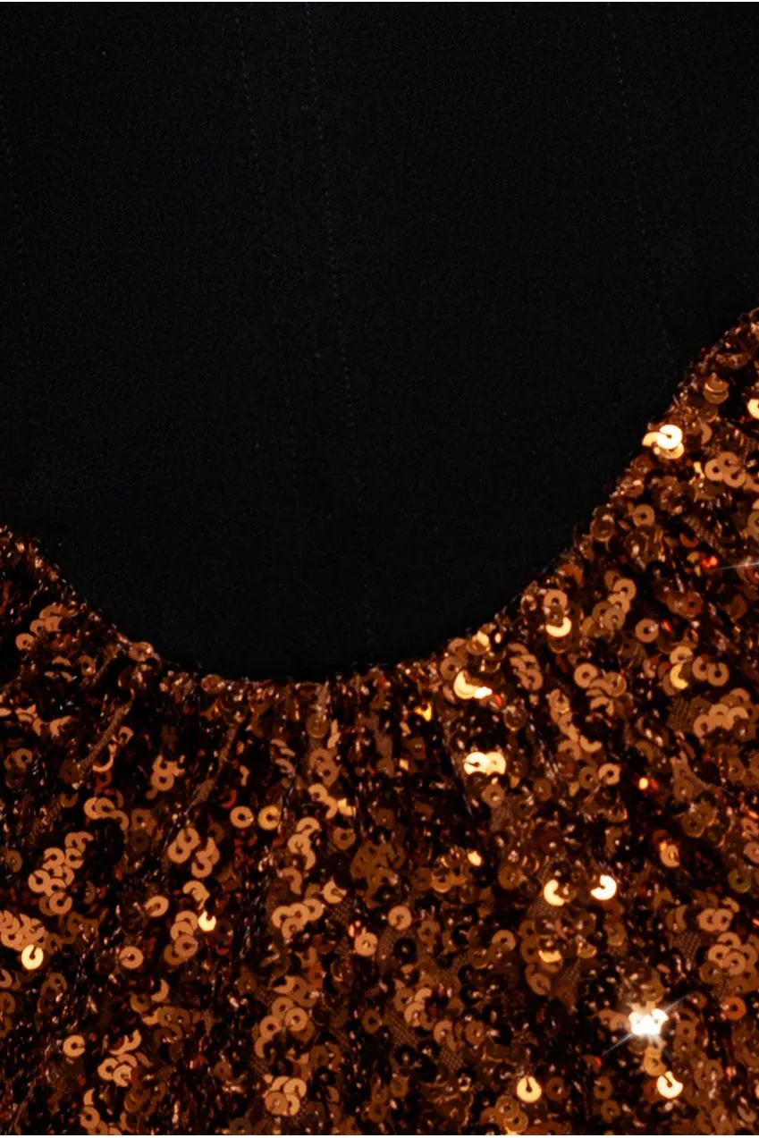 Goddiva Scuba Crepe Sequin abito maxi bronzo corsetto sirena