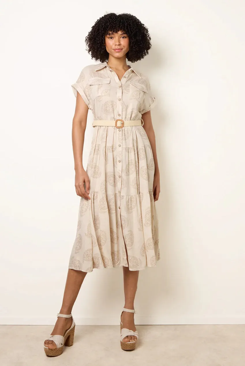 Blue Vanilla Paisley Print abito midi lino beige L