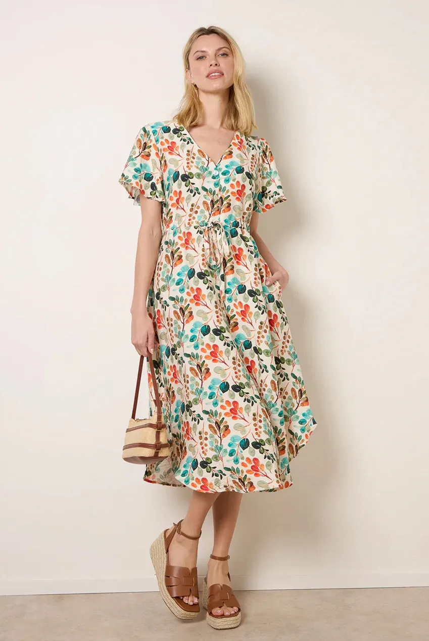 Blue Vanilla Leaf Print abito camicia midi arancione foglie